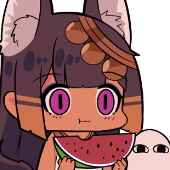 1girl animal_ears anubis_(surio) blunt_bangs brown_hair chibi closed_mouth dark-skinned_female dark_skin eating extra_ears food fruit holding holding_food holding_fruit holding_watermelon lowres medjed_(surio) original protected_link purple_eyes sidelocks simple_background solo surio transparent_background watermelon watermelon_slice