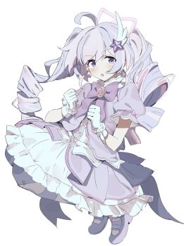 1girl ahoge blue_archive blush bow bowtie clenched_hands drill_hair earrings frilled_gloves frilled_skirt frills full_body gloves hair_ornament halo hands_up highres jacket jewelry long_hair looking_at_viewer magical_girl multicolored_hair official_alternate_costume open_clothes open_jacket pantyhose parted_lips pink_bow pink_hair puffy_short_sleeves puffy_sleeves purple_bow purple_bowtie purple_eyes purple_hair purple_jacket purple_pantyhose purple_shoes reisa_(blue_archive) reisa_(magical)_(blue_archive) shirt shirt_bow shoes short_sleeves simple_background skirt star_(symbol) star_earrings star_hair_ornament star_halo striped_clothes striped_pantyhose twin_drills two-tone_hair white_background white_gloves white_shirt white_skirt wing_hair_ornament yamanonba