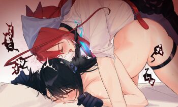 Rule 34 | 2girls, absurdres, ahoge, animal ear fluff, animal ears, asymmetrical horns, bandana, bed sheet, belt, bite mark, bite mark on shoulder, black gloves, black hair, black pants, blush, closed eyes, clothed female nude female, demon horns, elisbian, elizabeth rose bloodflame, futa with female, futanari, gloves, gold ring, hair up, half-closed eyes, heart, highres, hololive, hololive english, horns, huge ahoge, multiple girls, nerissa ravencroft, nude, one eye closed, open belt, pants, red belt, red hair, sex, sex from behind, sheet grab, shirt, sleeves rolled up, spoken heart, sweat, thigh belt, thigh strap, top-down bottom-up, white shirt