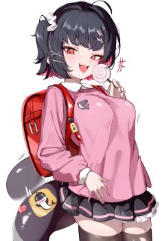 1girl absurdres aged_down alternate_costume bag black_hair black_thighhighs breasts candy colored_inner_hair commentary ellen_joe fins fish_tail food highres holding holding_candy holding_food holding_lollipop kindergarten_bag kindergarten_uniform large_tail lollipop looking_at_viewer mawe127 medium_breasts multicolored_hair panties red_eyes red_hair shark_girl shark_tail sharp_teeth short_hair simple_background solo tail teeth thighhighs two-tone_hair underwear white_background white_panties zenless_zone_zero