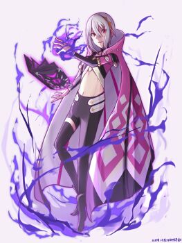 1boy alternate_costume asymmetrical_clothes asymmetrical_pants black_bridal_gauntlets black_leggings black_pants book bridal_gauntlets clothing_cutout fire_emblem fire_emblem_engage floating floating_book floating_object highres leg_cutout leggings male_focus nintendo pants purple_aura rafal_(fire_emblem) sage_outfit_(fire_emblem_engage) shi-on single_pantsleg solo stomach_cutout