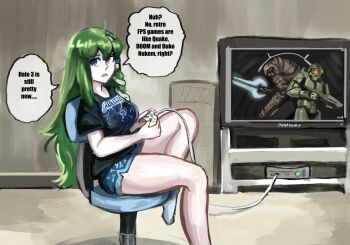 103anon 1girl alternate_costume arbiter armor assault_rifle assault_visor black_shirt blue_eyes breasts chair clothes_writing commentary_request contemporary controller english_text frog_hair_ornament game_console game_controller green_hair gun hair_ornament hair_tubes halo_(series) halo_3 helmet highres holding holding_controller holding_game_controller holding_gun holding_weapon kochiya_sanae long_hair looking_at_viewer looking_to_the_side master_chief medium_breasts meme metallica orange_visor plasma_sword playing_games playing_video_games power_armor retro_games_sanae_(meme) rifle science_fiction shirt shorts sitting snake snake_hair_ornament socks solo spartan_(halo) speech_bubble stuck_in_the_past swivel_chair t-shirt television touhou weapon white_snake white_socks xbox_360 xbox_controller