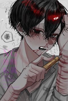 1boy bags_under_eyes black_eyes black_hair blood boxcutter censored collared_shirt commentary_request double-parted_bangs earrings hair_between_eyes hands_up highres holding holding_boxcutter hosikage4040 jewelry looking_at_viewer male_focus nosebleed open_mouth original pointless_censoring self-harm shirt short_hair solo spoken_squiggle squiggle stud_earrings upper_body white_shirt wrist_cutting