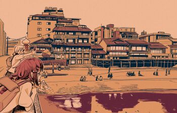 2girls against_railing animal_bag backpack bag beach boardwalk building candy cellphone commentary_request food food_in_mouth from_side hair_ornament hairclip highres holding holding_candy holding_food holding_lollipop holding_phone lollipop low_ponytail monochrome multiple_girls open_mouth orange_theme original outdoors outline outstretched_arms people phone ponytail power_lines profile railing reflection reflective_liquid shirt short_hair short_ponytail short_sleeves smartphone smile t-shirt taking_picture utility_pole water wide_shot yamaso