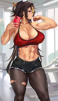 1girl abs absurdres bare_shoulders blonde_hair blue_eyes breasts brown_hair cellphone cleavage contemporary covered_erect_nipples crossed_bangs dark-skinned_female dark_skin dehya_(genshin_impact) eyeshadow flexing genshin_impact gym hair_between_eyes hair_intakes highres large_breasts long_hair looking_at_viewer loooyd makeup multicolored_hair muscular muscular_female navel pantyhose pantyhose_under_shorts phone selfie shorts solo sports_bra streaked_hair thighs torn_clothes torn_pantyhose
