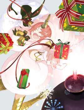 1girl armored_boots bell boots box capelet commentary_request dress fate/grand_order fate/grand_order_arcade fate_(series) frankenstein's_monster_(christmas)_(fate) frankenstein's_monster_(fate) fur-trimmed_dress fur_trim gift gift_box gloves hair_over_eyes hat headgear highres horns jingle_bell mechanical_horns okazaki_takeshi open_mouth pink_hair short_hair single_horn smile solo white_capelet white_dress white_gloves white_hat