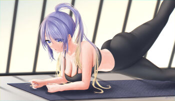 1girl all_fours area_15 ass bra breasts cleavage exercising hanging_breasts hololive hololive_indonesia indoors leg_lift long_hair looking_down medium_breasts midriff moona_hoshinova open_mouth pants ponytail purple_eyes purple_hair rryiup solo sports_bra sweat underwear virtual_youtuber wet window yoga_mat yoga_pants