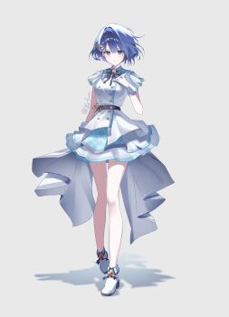 Rule 34 | 1girl, absurdres, ankle boots, arm at side, bare arms, bare legs, belt, black belt, black bow, black bowtie, blue eyes, blue hair, boots, bow, bowtie, breasts, buttons, closed mouth, clover brooch, clover hair ornament, commentary, dot nose, double-breasted, fold-over boots, full body, grey background, hair between eyes, hair ornament, hand up, high heels, highres, idol, idol clothes, jacket, johyang e, kiritani haruka, layered skirt, light blush, looking at viewer, medium breasts, overskirt, plaid clothes, plaid collar, plaid skirt, project sekai, shadow, short hair, short sleeves, sidelocks, simple background, skirt, smile, solo, standing, twitter username, white boots, white jacket, white skirt, white wrist cuffs, wing hair ornament, wrist cuffs