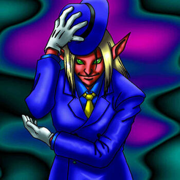 1boy black_background black_straps black_trim blonde_hair blue_background blue_hat blue_shirt blue_suit bowing bowler_hat character_request collared_shirt colored_skin ears fiend_type formal_clothes gloves green_background green_button green_eyes hat hat_lift holding holding_unworn_clothes holding_unworn_hat kazuki_takahashi long_arms long_hair male_focus necktie nose official_art pointy_ears pointy_nose purple_background red_skin shirt smile solo solo_focus suit unworn_hat unworn_headwear upper_body very_long_hair white_gloves witty_phantom yellow_necktie yu-gi-oh! yu-gi-oh!_duel_monsters