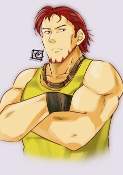 Rule 34 | 1boy, beard, commentary request, crossed arms, dorcas (fire emblem), facial hair, fire emblem, fire emblem: the blazing blade, highres, male focus, muscular, muscular male, nintendo, red facial hair, red hair, shirt, short hair, sleeveless, sleeveless shirt, yellow shirt, zero-theme
