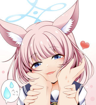 1boy 1girl :d :i animal_ear_fluff animal_ears blue_archive blue_eyes blue_sailor_collar blunt_bangs cheek_squash commentary_request doodle_sensei_(blue_archive) fox_ears fox_girl hands_on_another&#039;s_cheeks hands_on_another&#039;s_face heart highres holding_another&#039;s_wrist kagayai_akira light_blush looking_at_viewer medium_hair niko_(blue_archive) open_mouth pink_hair pinky_out pov pov_hands sailor_collar school_uniform sensei_(blue_archive) serafuku shirt simple_background smile solo_focus speech_bubble spoken_character straight_hair sweatdrop white_background white_shirt