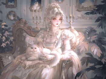 1girl absurdres animal blue_eyes breasts candle candlestand cat cleavage couch dress earrings gloves highres holding indoors jewelry large_variant_set necklace on_lap original pearl_necklace plant puffy_short_sleeves puffy_sleeves ring short_sleeves sitting solo variant_set white_cat white_dress white_gloves white_hair xixizi