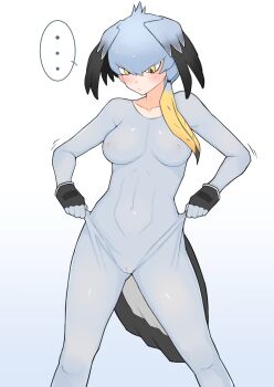 ... 1girl :/ bird_girl bird_tail bird_wings black_hair blonde_hair bodystocking bodystocking_only breasts cameltoe closed_mouth covered_erect_nipples covered_navel feet_out_of_frame fingerless_gloves gloves gradient_background grey_bodystocking grey_hair hair_between_eyes hair_over_shoulder head_wings highres illu_(illu_stratos) kemono_friends large_breasts legs_apart long_sleeves looking_down multicolored_hair shoebill_(kemono_friends) side_ponytail solo spoken_ellipsis standing tail wings yellow_eyes