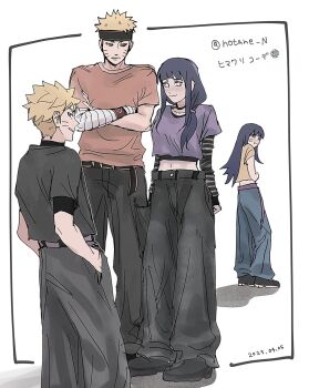 2boys 2girls baggy_pants bandaged_arm bandages black_hair black_headband blonde_hair blue_eyes blue_pants boruto:_two_blue_vortex commentary_request crossed_arms dated facial_mark hair_over_shoulder hair_tie hands_up headband highres hyuuga_hinata layered_sleeves long_sleeves multiple_boys multiple_girls naruto:_the_last naruto_(series) notane_n pants purple_eyes short_over_long_sleeves short_sleeves smile striped_sleeves time_paradox translation_request twitter_username undercut uzumaki_boruto uzumaki_himawari uzumaki_naruto whisker_markings
