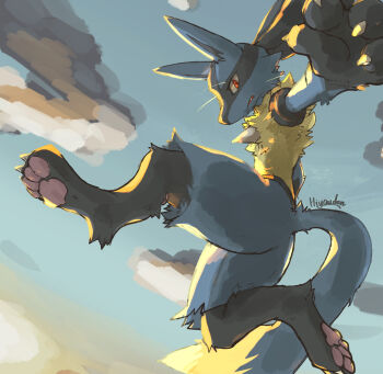 1other black_fur blue_fur blue_sky body_fur claws furry gen_4_pokemon highres hiyaudon lucario nintendo pokemon pokemon_(creature) pokemon_focus red_eyes sky solo spikes tail yellow_fur