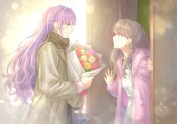 2girls blurry bokeh bouquet braid brown_hair coat commentary_request crown_braid depth_of_field earrings flower fujishima_megumi green_eyes highres holding holding_bouquet jewelry link!_like!_love_live! long_hair love_live! multiple_girls otomune_kozue purple_eyes purple_hair ribbon scarf single_braid winter_clothes winter_coat zenma_trang