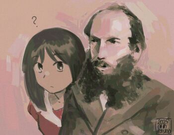 Rule 34 | 1boy, 1girl, azumanga daioh's school uniform, azumanga daiou, beard, black eyes, black hair, commentary, facial hair, fyodor dostoyevsky, highres, kasuga ayumu, potsato, red shirt, sailor collar, school uniform, shirt, untranslatable commentary, white sailor collar