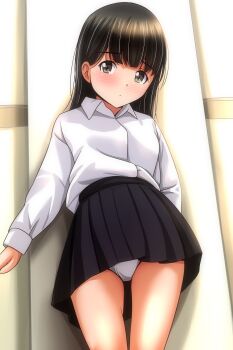 1girl absurdres black_hair black_skirt blush breasts brown_eyes closed_mouth collared_shirt commentary_request highres long_hair looking_at_viewer matsunaga_kouyou miniskirt original panties pantyshot pleated_skirt shirt skirt small_breasts solo underwear upskirt white_panties white_shirt