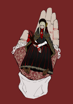 Rule 34 | 1girl, absurdres, ascot, black corset, bloodborne, bonnet, boots, brown cloak, cloak, corset, creature, doll joints, eldritch abomination, fingerless gloves, flat color, flower, fringe trim, full body, gem, gloves, green eyes, hat, hat flower, highres, holding, holding creature, hunter (great one) (bloodborne), joints, lace trim, long sidelocks, looking at viewer, no pupils, parted bangs, plain doll, red ascot, red background, sidelocks, slug, soldalepaz11, squid
