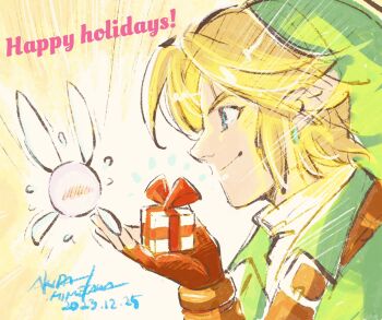 1boy blonde_hair blue_eyes blush brown_gloves christmas commentary_request dated earrings fairy fingerless_gloves gift gloves green_hat green_tunic happy_holidays hat highres himekawa_akira holding holding_gift hoop_earrings jewelry link male_focus navi nintendo pointy_ears short_hair smile the_legend_of_zelda the_legend_of_zelda:_ocarina_of_time tunic
