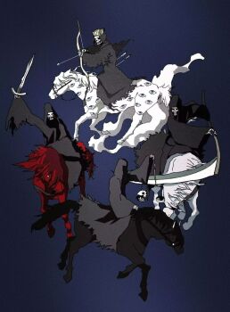 Rule 34 | 4others, archery, black hood, black rider (megami tensei), blue background, bow (weapon), commentary request, crown, demon (megami tensei), highres, holding, holding bow (weapon), holding scale, holding scythe, holding sword, holding weapon, hooded robe, horse, multiple others, pale rider (megami tensei), red rider (megami tensei), robe, scythe, shin megami tensei, skeleton, soccerobsidian, sword, too many eyes, weapon, white rider (megami tensei)