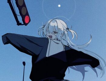 Rule 34 | 1girl, black cardigan, blue sky, cardigan, clear sky, eyepatch, fang, from behind, hair between eyes, hair intakes, hair ornament, half-closed eye, highres, lamppost, long hair, long sleeves, looking at viewer, medical eyepatch, morning, one eye covered, open mouth, original, outdoors, red light, sailor collar, si (wooupp), sidelocks, sky, solo, sun, teeth, traffic light, turning head, two side up, upper body, upper teeth only, white hair, white sailor collar, x hair ornament