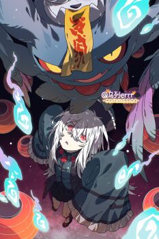 1girl bead_necklace beads black_shoes black_skirt blue_fire blue_shirt chinese_clothes colored_sclera fang feathers fire flutter_mane full_body hat highres jewelry jiangshi lantern long_hair long_sleeves looking_at_viewer necklace nintendo ofuda ofuda_on_head open_mouth outstretched_arms paper_lantern pokemon pokemon_(creature) prayer_beads purple_background purple_feathers qingdai_guanmao red_eyes red_sclera shirt shoes simple_background skin_fang skirt standing talisman white_hair will-o&#039;-the-wisp_(mythology) wulie_errr yellow_eyes zombie_pose