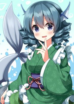 1girl :d blue_background blue_eyes blue_hair blush commentary_request cowboy_shot drill_hair drill_sidelocks fins frilled_kimono frills gradient_background green_kimono hair_between_eyes hand_up head_fins highres japanese_clothes kimono long_sleeves looking_at_viewer mermaid monster_girl obi obijime open_mouth purple_sash ruu_(tksymkw) sash short_hair sidelocks smile solo splashing touhou wakasagihime wide_sleeves