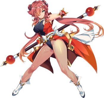 1girl bare_shoulders bracelet breasts choukou_(alicesoft) choukou_taisen_escalation_heroines clenched_hand full_body gluteal_fold green_eyes hair_over_one_eye highres holding holding_staff japanese_clothes jewelry large_breasts min-naraken ninja official_art red_hair sen_ryuu smile solo spiked_bracelet spikes spread_legs staff