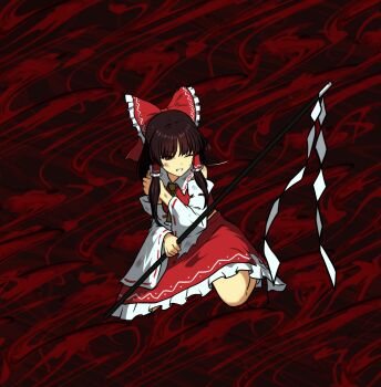 1girl absurdres ascot bow brown_hair clenched_teeth commentary_request detached_sleeves fossilized_wonders frilled_bow frilled_hair_tubes frilled_skirt frills gohei hair_bow hair_tubes hakurei_reimu highres holding holding_gohei long_hair monadmandara one_eye_closed red_bow red_eyes red_skirt ribbon-trimmed_sleeves ribbon_trim scratches skirt skirt_set solo teeth touhou yellow_ascot
