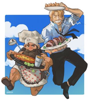2boys absurdres bara beard carrying_overhead chef chest_hair_peek cigarette crossover curly_eyebrows dungeon_meshi dwarf enri_(ceinordraws) facial_hair food full_body goatee_stubble grin highres holding holding_plate holding_tray incoming_food long_beard loose_necktie male_focus multiple_boys mustache necktie one_piece pizza plate sanji_(one_piece) senshi_(dungeon_meshi) smile stubble thick_arm_hair thick_leg_hair thick_mustache toned toned_male trait_connection tray very_long_beard