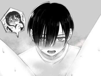 &gt;_&lt; 1boy 1girl after_cunnilingus boku_no_kokoro_no_yabai_yatsu breasts chibi chibi_inset closed_eyes clothed_male_nude_female commentary female_pov full_body greyscale hair_between_eyes hetero ichikawa_kyoutarou long_hair looking_at_viewer medium_breasts monochrome narumi_(62rimi) nipples nude open_mouth pov pov_crotch saliva saliva_trail shirt short_hair speech_bubble thought_bubble tongue tongue_out translation_request yamada_anna