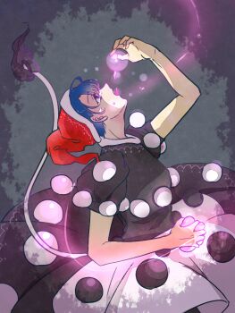 1girl arm_up black_dress blob blue_hair cow_tail doremy_sweet dream_soul dress eating floating_liquid glowing hat holding looking_up nightcap puffy_short_sleeves puffy_sleeves r18ankou short_hair short_sleeves solo tail tears tongue tongue_out touhou