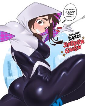 1girl ass blush boku_no_hero_academia breasts brown_eyes brown_hair cosplay english_text female_focus hood hood_up huge_ass large_breasts loopvoid marvel matching_hair/eyes solo speech_bubble spider-gwen spider-gwen_(cosplay) spider-man_(series) superhero_costume teeth uraraka_ochako