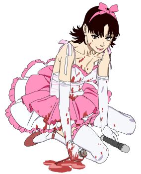 1girl absurdres bare_shoulders black_hair blood blood_on_clothes blood_on_face dress elbow_gloves flipped_hair gloves hairband highres imamura_ryou kirigoe_mima perfect_blue pink_dress sitting smile solo wariza white_gloves