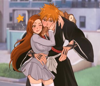 1boy 1girl arm_around_shoulder black_kimono bleach blurry blurry_background blush bread breasts brown_eyes brown_hair commentary couple cowboy_shot english_commentary food food_in_mouth grey_jacket grey_skirt hand_on_another's_cheek hand_on_another's_face hand_on_another's_waist hand_on_own_hip heads_together height_difference hetero highres inoue_orihime jacket japanese_clothes karakura_high_school_uniform kimono kurosaki_ichigo large_breasts leaning_forward long_hair long_sleeves looking_at_viewer luvlyroseve mouth_hold one_eye_closed orange_hair pleated_skirt school_uniform short_hair skirt spiked_hair star_(symbol) thighhighs tongue tongue_out twitter_username white_thighhighs wide_sleeves zettai_ryouiki