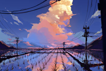 artist_name blue_sky cloud commentary_request cumulonimbus_cloud highres mugi_kinako no_humans original outdoors power_lines reflection reflective_liquid rice_paddy scenery signature sky utility_pole