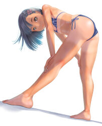 Rule 34 | 1girl, ass, barefoot, bent over, bikini, black hair, blue bikini, brown eyes, commentary request, flat chest, full body, hair ornament, hairclip, hands on own knees, highres, legs, looking at viewer, medium hair, original, side-tie bikini bottom, simple background, smile, solo, swimsuit, tan, tanline, uzuki mei, white background