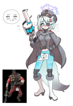 1girl :3 animal_ears ayo5108 bilingual_commentary blue_archive blue_pants blush boots capelet commentary cosplay demoman_(tf2) demoman_(tf2)_(cosplay) full_body fur-trimmed_boots fur_trim gloves grenade_launcher grey_capelet grey_gloves grey_skirt halo heavy_breathing highres holding holding_weapon knee_boots knee_pads looking_at_viewer mixed-language_commentary navel pants pleated_skirt purple_eyes purple_halo red_winter_federal_academy_logo reference_inset shigure_(blue_archive) simple_background skirt solo speech_bubble standing tail thought_bubble weapon weasel_ears weasel_girl weasel_tail white_background white_boots