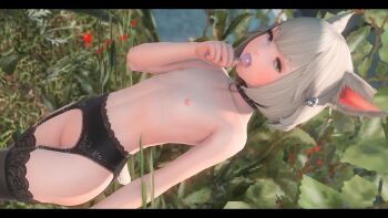 1girl 3d animal_ears bell black_thighhighs candy collar collarbone final_fantasy final_fantasy_xiv flat_chest food garter_belt grey_eyes grey_hair hair_bell hair_ornament highres jingle_bell khloe_aliapoh loli lollipop matching_hair/eyes miqo&#039;te nipples nude outdoors solo tagme thighhighs
