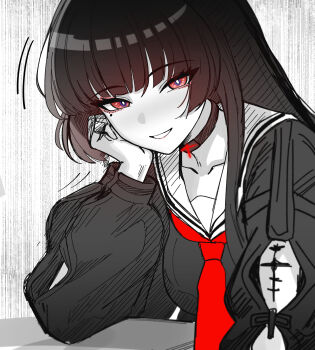 1girl arm_cutout black_choker black_hair black_shirt breasts chisa_(wuthering_waves) choker clothing_cutout collarbone commentary head_rest highres long_hair long_sleeves looking_at_viewer medium_breasts mini2chainz mole mole_under_eye neckerchief parted_lips red_eyes red_neckerchief school_uniform shirt smile solo tacet_mark_(wuthering_waves) upper_body wuthering_waves