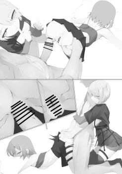1boy 2girls anus arched_back ass bar_censor censored ceres_fauna ceres_fauna_(goth) clothed_female_nude_male clothed_sex commentary doggystyle english_commentary erection eyes_visible_through_hair ffm_threesome finger_to_mouth group_sex hair_over_one_eye hetero hololive hololive_english loli monochrome multiple_girls nanashi_mumei nanashi_mumei_(emo) nude official_alternate_costume official_alternate_hair_length official_alternate_hairstyle on_bed penis pillow pleated_skirt pussy recklessdraw sex sex_from_behind sexual_coaching short_hair skirt smile spread_pussy spreading_another&#039;s_pussy tank_top thigh_strap threesome top-down_bottom-up vaginal virtual_youtuber