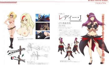 2girls absurdres black_footwear blonde_hair blush bra breasts character_name character_profile reference_sheet cleavage clothes_on_and_off color_guide cross cross_necklace cupless_bra multiple_expressions flower flower_on_head from_behind full_body hair_flower hair_ornament hasumi_rain high_heels highres huge_breasts jewelry lady_j large_breasts lipstick long_hair looking_at_viewer makeup multicolored_hair multiple_girls multiple_views navel necklace nipples notes official_art purple_hair purple_lips purple_nails scan shoes simple_background smile standing sunglasses translation_request turnaround underboob underwear valkyrie_drive valkyrie_drive_-mermaid- variations white_background yellow_eyes