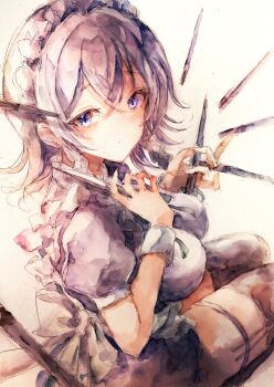 1girl absurdres apron back_bow black_thighhighs bow braid breasts commentary green_bow grey_hair highres holding holding_knife izayoi_sakuya kamu_kotan knife large_breasts long_hair looking_at_viewer maid maid_headdress puffy_short_sleeves puffy_sleeves purple_eyes short_sleeves sitting thigh_strap thighhighs touhou traditional_media twin_braids waist_apron wrist_cuffs