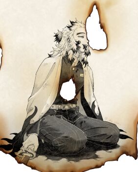 1boy arms_at_sides belt blood blood_from_mouth burning burning_paper closed_eyes colored_tips deep_wound defeat demon_slayer_uniform forked_eyebrows haori highres injury japanese_clothes kimetsu_no_yaiba long_hair long_sleeves male_focus multicolored_hair on_ground open_mouth pants paper rengoku_kyoujurou seiza sepia sha_shuu sitting smile solo spoilers sword teeth upper_teeth_only weapon