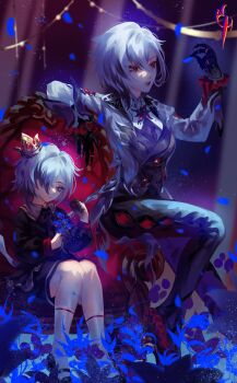 2girls absurdres arlecchino_(genshin_impact) black_hair black_hands black_pants black_shirt coat coconuthound colored_extremities commentary crown dual_persona genshin_impact grey_coat grey_hair highres leggings long_sleeves multicolored_hair multiple_girls pants peruere_(genshin_impact) shirt short_hair sitting streaked_hair