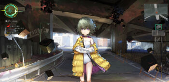 1girl absurdres akefumi black_choker choker coat collarbone commentary_request covered_navel fake_screenshot film_grain flat_chest green_hair highres holding holding_map hood hood_down hooded_coat long_sleeves looking_at_viewer map nervous_smile one-piece_swimsuit open_clothes open_coat open_mouth original outdoors purple_eyes short_hair smile solo strap_slip sweat swimsuit two-sided_coat two-sided_fabric user_interface white_one-piece_swimsuit yellow_coat