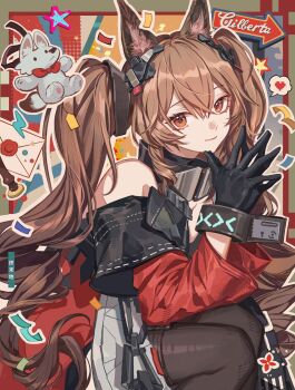 1girl angelina_(arknights) animal_ears arknights arknights:_endfield bare_shoulders black_gloves black_pantyhose brown_hair closed_mouth coat commentary dress gilberta_(arknights) gloves hair_between_eyes headgear highres looking_at_viewer orange_eyes pantyhose red_coat smile solo squatting steepled_fingers stuffed_toy twintails white_dress zerotabi1210