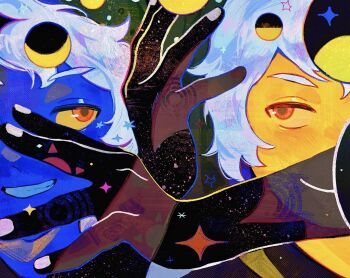 1other a-kai202 blue_skin colored_skin commentary crescent_moon highres moon moon_phases red_eyes smile space star_(sky) symbol-only_commentary the_collector_(the_owl_house) the_owl_house yellow_skin