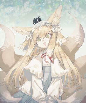 Rule 34 | 1girl, animal ears, arknights, blonde hair, fox ears, fox girl, fox tail, frilled hairband, frills, green eyes, hairband, heixiu, long hair, long sleeves, luo xiaohei zhanji, neck ribbon, official alternate costume, red ribbon, ribbon, shirt, skirt, suzuran (arknights), suzuran (spring praise) (arknights), tail, ujoe 7hr, white shirt